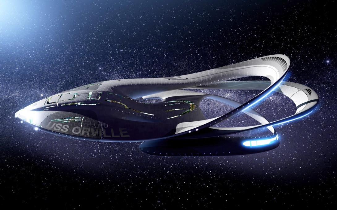 Spaceship flying through space